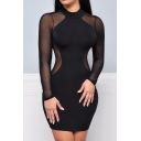 Sheer Mesh Insert Round Neck Long Sleeve Hollow Out Back Mini Bodycon Dress