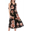 Floral Printed Halter Hollow Out Back Sleeveless Maxi A-Line Dress
