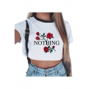 Contrast Round Neck Letter Rose Printed Short Sleeve Cropped Tee