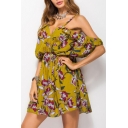 Trendy Floral Print Off the Shoulder Mini A-line Summer Dress