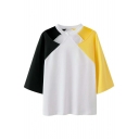 Color Block Hollow Out 3/4 Length Sleeve Leisure Loose Tee