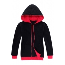 Simple Natural Color Block Long Sleeves Zip Up Hoodie with Pockets