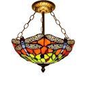 Colorful Dragonfly 2/3- Light Inverted Hanging Lamp with Tiffany Classic Art Glass Shade, 12/16-Inch Wide, Aged Brass Finish