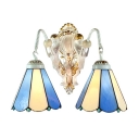 9.4-Inch Wide Two Light Wall Sconce with Blue & White Stained Glass Shade in Tiffany Style