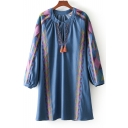 Geometric Embroidered V Neck Long Sleeve Tassel Embellished Mini A-Line Dress