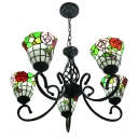 5 Light Vintage Style Hanging Chandelier with Inverted Stained Glass Shade