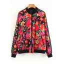 New Trendy Floral Printed Stand Up Collar Zip Up Long Sleeve Coat