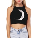 Top Design Moon Galaxy Print Sleeveless Slim Fit Cropped Summer Tank Top