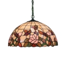 Tiffany Hanging Pendant 2 Light and Floral Glass Shade in Dome Shaped, Vintage Art, 16