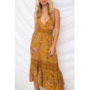 Bohemia Style Floral Printed Spaghetti Straps Lace Insert Buttons Down Maxi Cami Dress