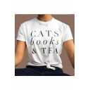 CATS BOOKS TEA Letter Printed Round Neck Short Sleeve Tee