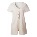 Chic Leisure Simple Plain Buttons Down Round Neck Short Sleeve Romper