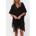 Holiday Hollow Out V Neck Half Sleeve Split Side Tunic Cover Up