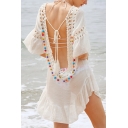 Summer Vacation Fashion Hollow Out Tie Back Tassel Pompom Detail Patchwork Cover Up