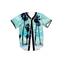 Fancy Beach Palm Tree Landscape Print Button Front Short Sleeve Baseball Tee