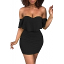 Fashionable Plain Short Sleeve Off the Shoulder Mini Bodycon Dress