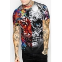 Fashionable Tiger Floral Skull Print Round Neck Short Sleeves Casual Tee