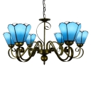 Floral Shade 6-Light Inverted Tiffany Stained Glass Chandelier in White/Blue