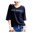 NON MERCI French Printed Round Neck Short Sleeve Hollow Out Leisure Tee
