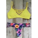 Popular Floral Print Hollow Out Lace-up Detail Simple Trendy Bikini Swimwear