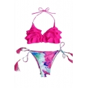 Tie Dye Print Ruffle Detail Halter Neck Tassel Embellished Summer Bikini
