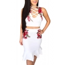 Popular Floral Applique Lace-up Detail Cropped Top with Mini Ruffle Skirt