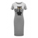 Black Cat Printed Round Neck Slim Comfort Midi T-Shirt Dress