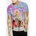 Pop Fashion Cat Laser UFO Character Print Round Neck Short Sleeves Unisex T-shirt