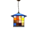 Multicolored Glass Shade Lodge Shaped Hanging Pendant for Living Room, Tiffany Vintage Style 6-Inch