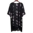 Folk Style Printed Collarless Short Sleeve Kimono with Tassel