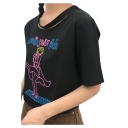 Cartoon Woman Letter Printed Round Neck Hollow Out Short Sleeve Crop Tee