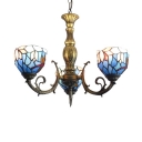 Blue Glass Shade Inverted Ceiling Light Tiffany Chandelier with 3 Lights in Antique Brass Finish