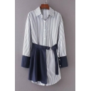 Lapel Collar Long Sleeve Striped Buttons Down Tunic Shirt with Tied Waist Mini Skirt Co-ords