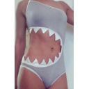 Shark's Mouth Shaped Hollow Out One Shoulder Sleeveless One Piece Swimwear