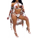 Sexy Floral Printed Hollow Out Halter Two Pieces Bikini with Long Sleeve Tunic Coat Swimwear