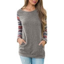 Spring Fashion Striped Long Sleeve Round Neck Pocket Detail Casual Tee