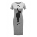New Trendy Cat Printed Round Neck Short Sleeve Leisure Slim Midi T-Shirt Dress