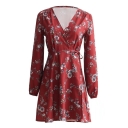 Chic Floral Printed V Neck Long Sleeve Tied Waist Mini A-Line Dress