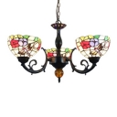 Three Light Dragonfly Mix Flowers Chandelier with Multicolored Glass Shade