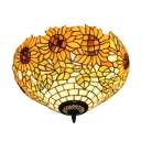 Yellow Sunflower Pattern Tiffany 2 Light Flush Mount Ceiling Light with Stained Glass Shade, 16-Inch Wide