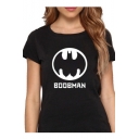 Funny Bat Letter BOOBMAN Print Round Neck Short Sleeves Graphic Tee