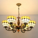 Yellow & White Jewel Tiffany Style 6-Light Inverted Chandelier in Antique Brass