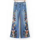 Old School Fashion Floral Embroidery Zipper Fly Casual Retro Bootcut Jeans