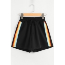 Contrast Striped Printed Side Drawstring Waist Loose Leisure Shorts