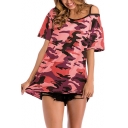Sexy Cold Shoulder Camouflage Printed Short Sleeve Tunic Leisure Tee