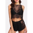 Women's Fashion Lace Insert See Through Cropped Tank with Elastic Waist Shorts