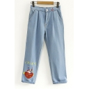 Cute Fashion Cartoon Japanese Embroidery Zipper Fly Pocket Side Cropped Jeans