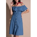 Summer Fashion Off the Shoulder Button Front Ruffle Detail Mini A-line Dress