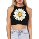 Pop Fashion Daisy Floral Print Sleeveless Slim Fit Cropped Leisure Tank Top