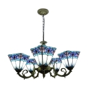 5-Light Blue&White Inverted Stained Glass Shade Chandelier in Antique Bronze